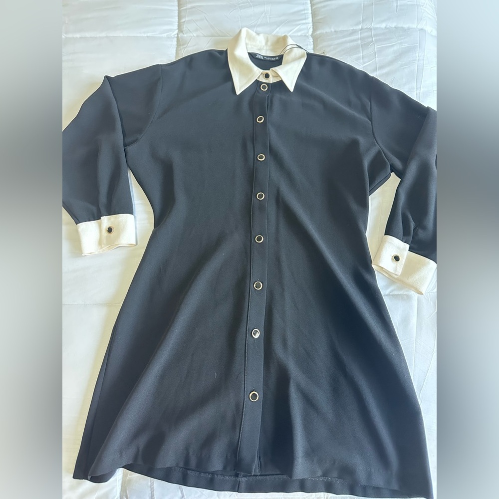 Zara Black mini dress white collar & cuffs NWT L